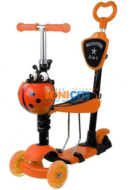 Самокат-трансформер Детский SCOOTER Детский трёхколёсный самокат-беговел 5 в 1 Божья коровка со светящимися колесами, оранжевый