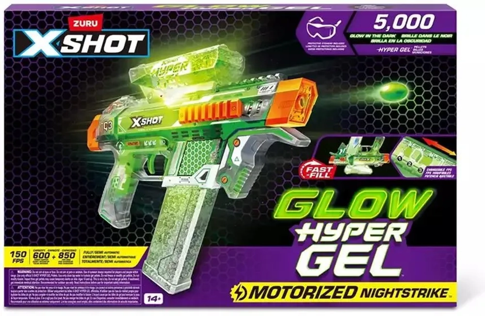 Игровой набор ZURU X-Shot HYPERGEL GLOW IN THE DARK Найтстрайкер (бластер, 5000 сн.-гр., защ. очки) 36782